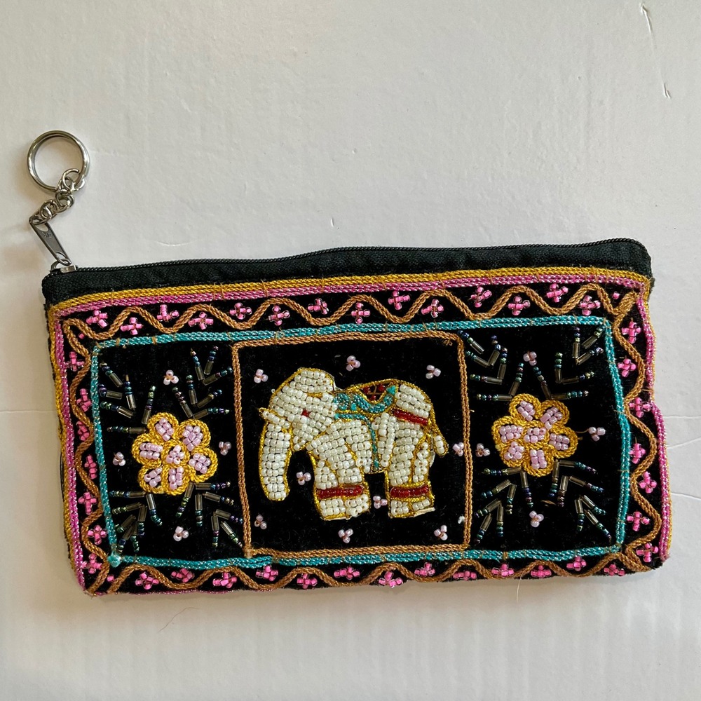 Boho Beaded Elephant Velvet Zip Coin Pouch Handcrafted Embroidery Wallet Keyring